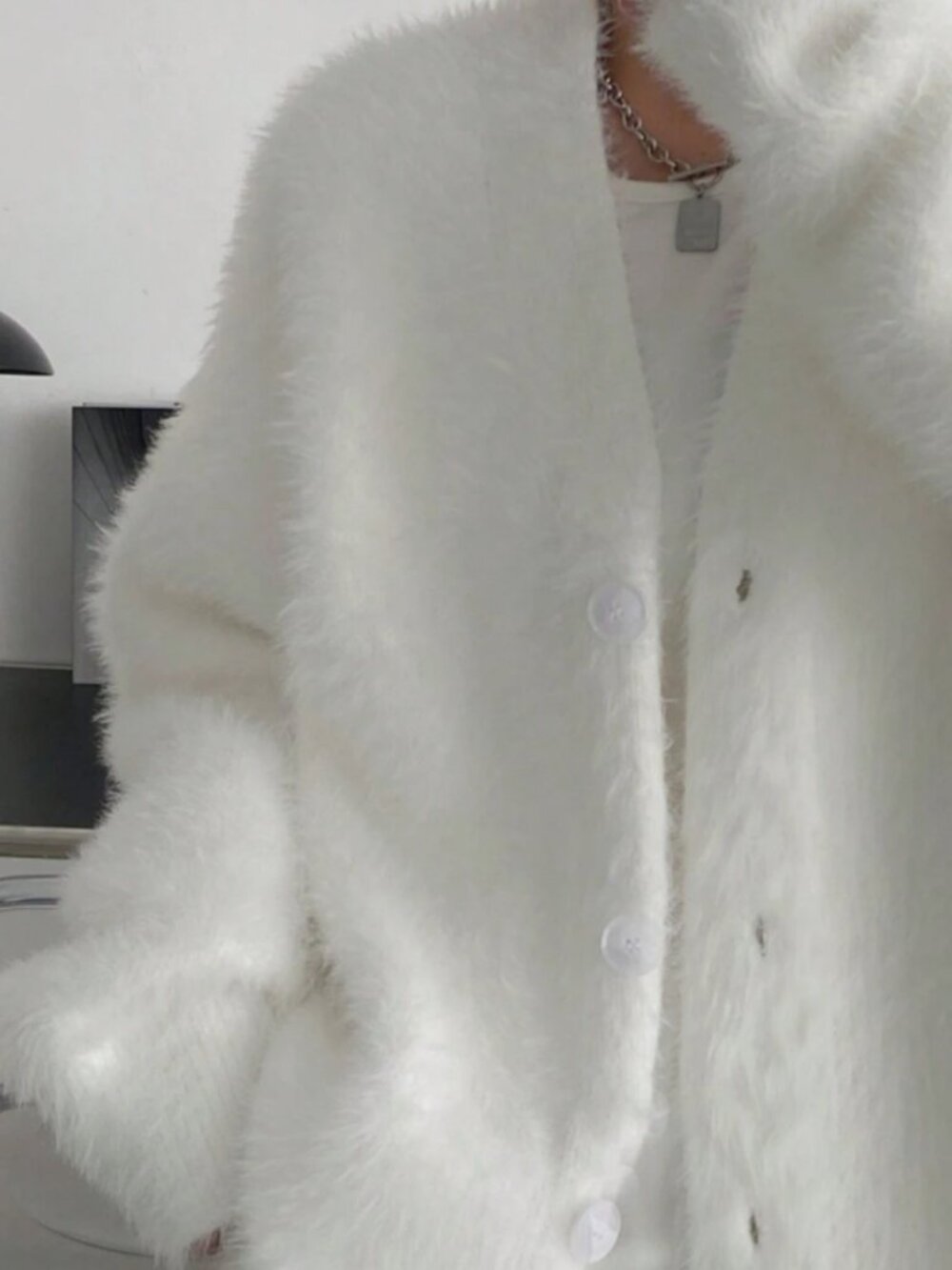 Women's White Fuzzy Knit Cardigan Oversized Drop Shoulder Button Front Sweater - Picture 3 of 4